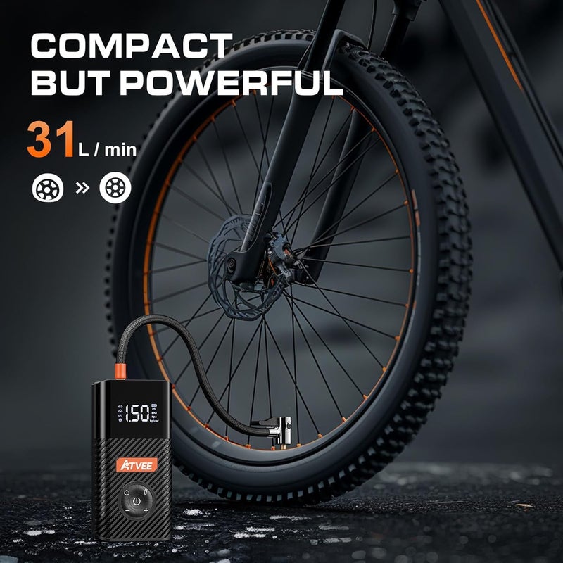ATVEE Bicycle Pump, 30s Fast Inflate Bike Pump with Gauge & Digital Display, 150PSI Portable Electric Bike Tire Pump with Presta & Schrader Valves for Road Bike, E-Bike - Image 2